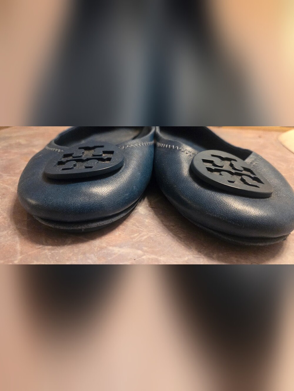 Tory Burch Navy Leather Logo Ballet Flats - Picture 2 of 6